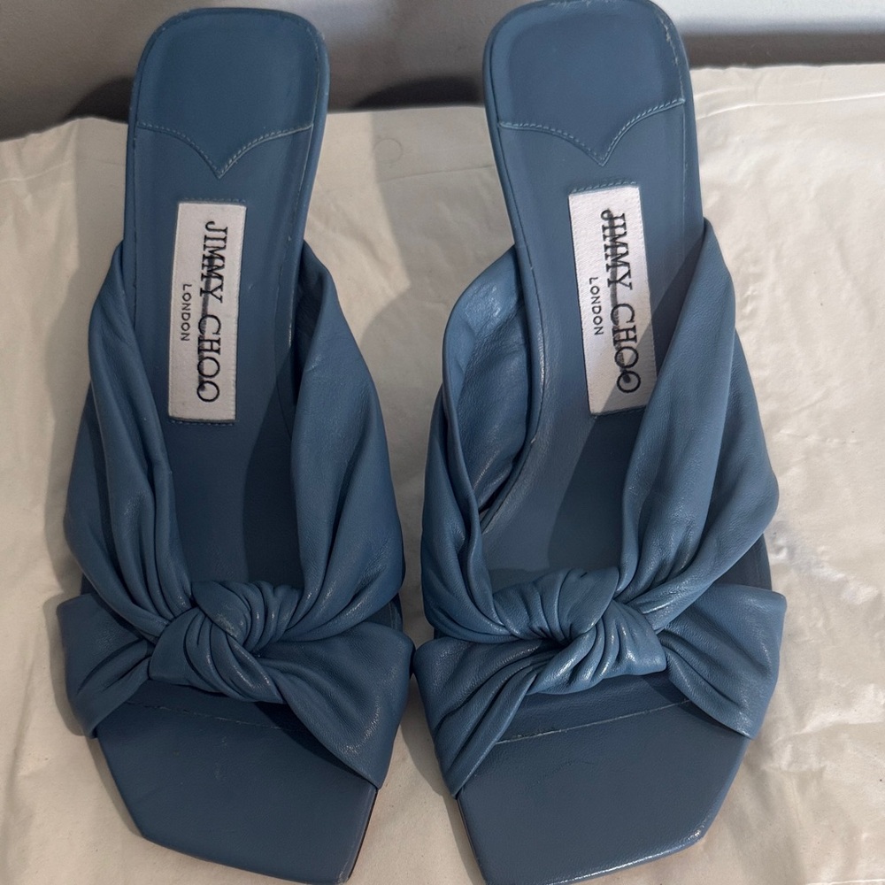 Jimmy Choo Dusty Blue Knotted Leather Slide Mules